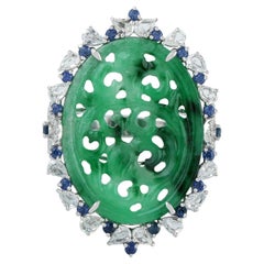 Carved Oval Green Jade Ring With Blue Sapphire & Diamonds in 18k Gold