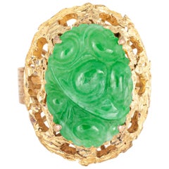 Carved Jade Ring Vintage 14 Karat Yellow Gold Large Oval Cocktail Jewelry