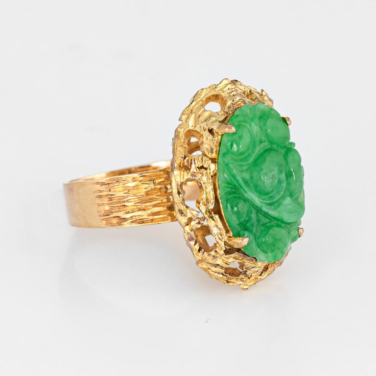 Carved Jade Ring Vintage 14 Karat Yellow Gold Large Oval Cocktail