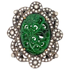 Carved Jade Ring with Diamonds Around
