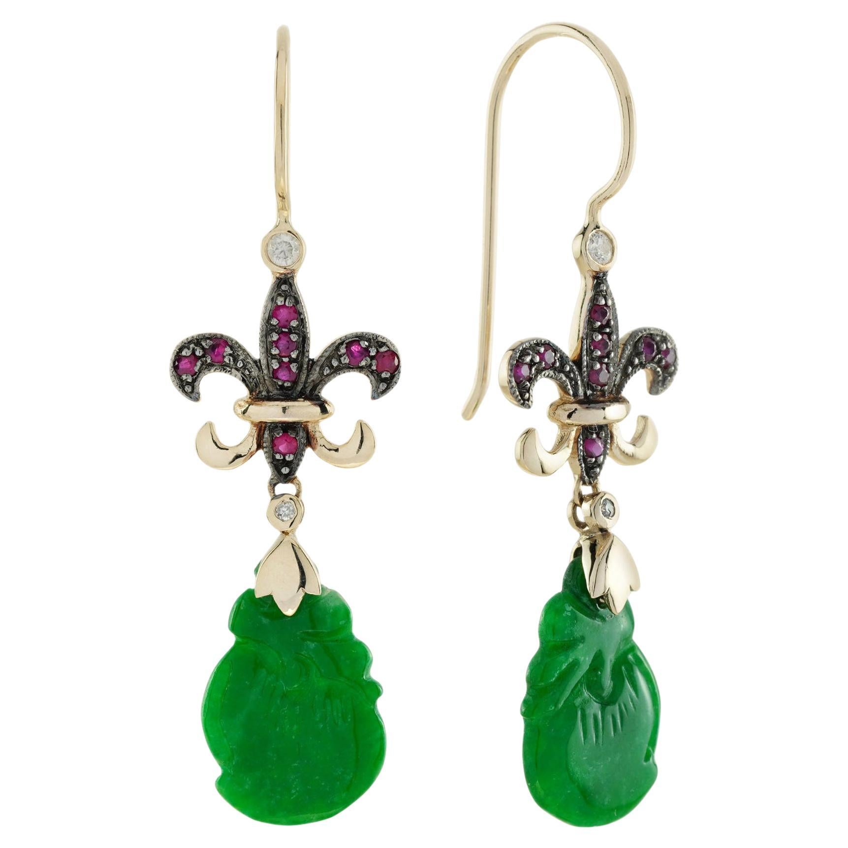 Carved Jade Ruby Diamond Fleur De Lis Vintage Style Dangle Gold Earrings
