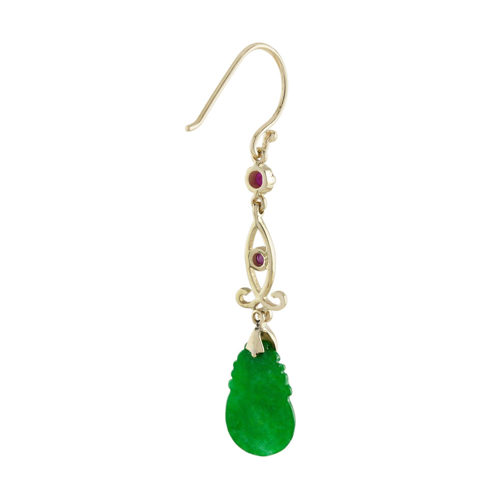 Round Cut Carved Jade Ruby Diamond Vintage Style Dangle 9K Gold Earrings For Sale