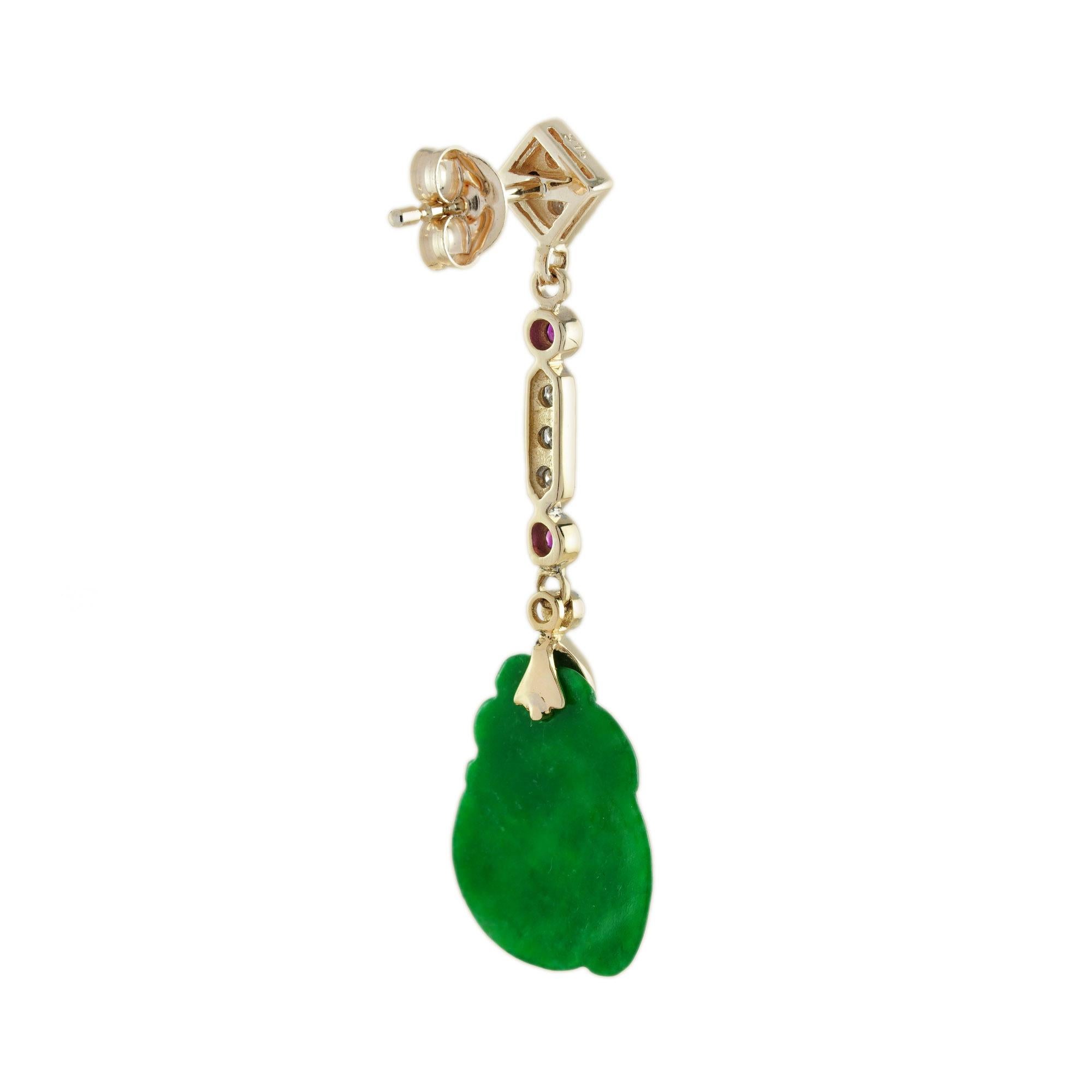 Round Cut Carved Jade Ruby Diamond Vintage Style Dangle 9K Gold Earrings For Sale