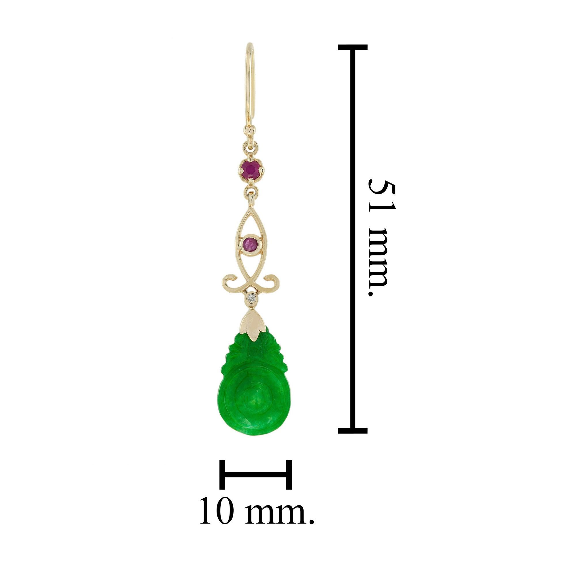 Carved Jade Ruby Diamond Vintage Style Dangle 9K Gold Earrings In Good Condition For Sale In Oakton, VA
