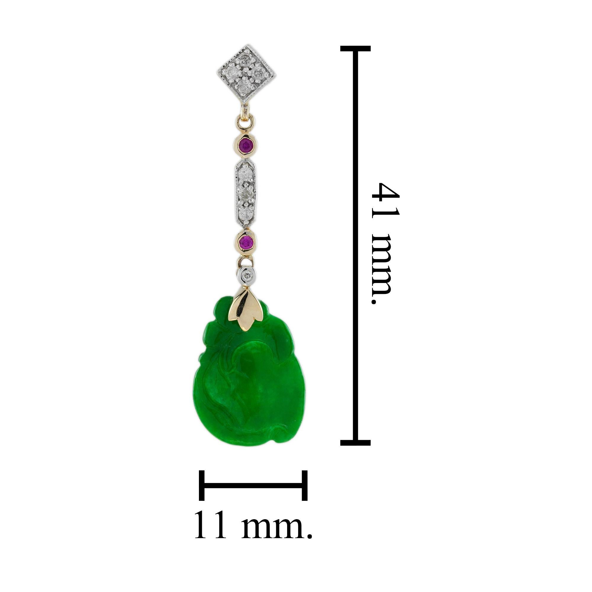 Carved Jade Ruby Diamond Vintage Style Dangle 9K Gold Earrings In Good Condition For Sale In Oakton, VA