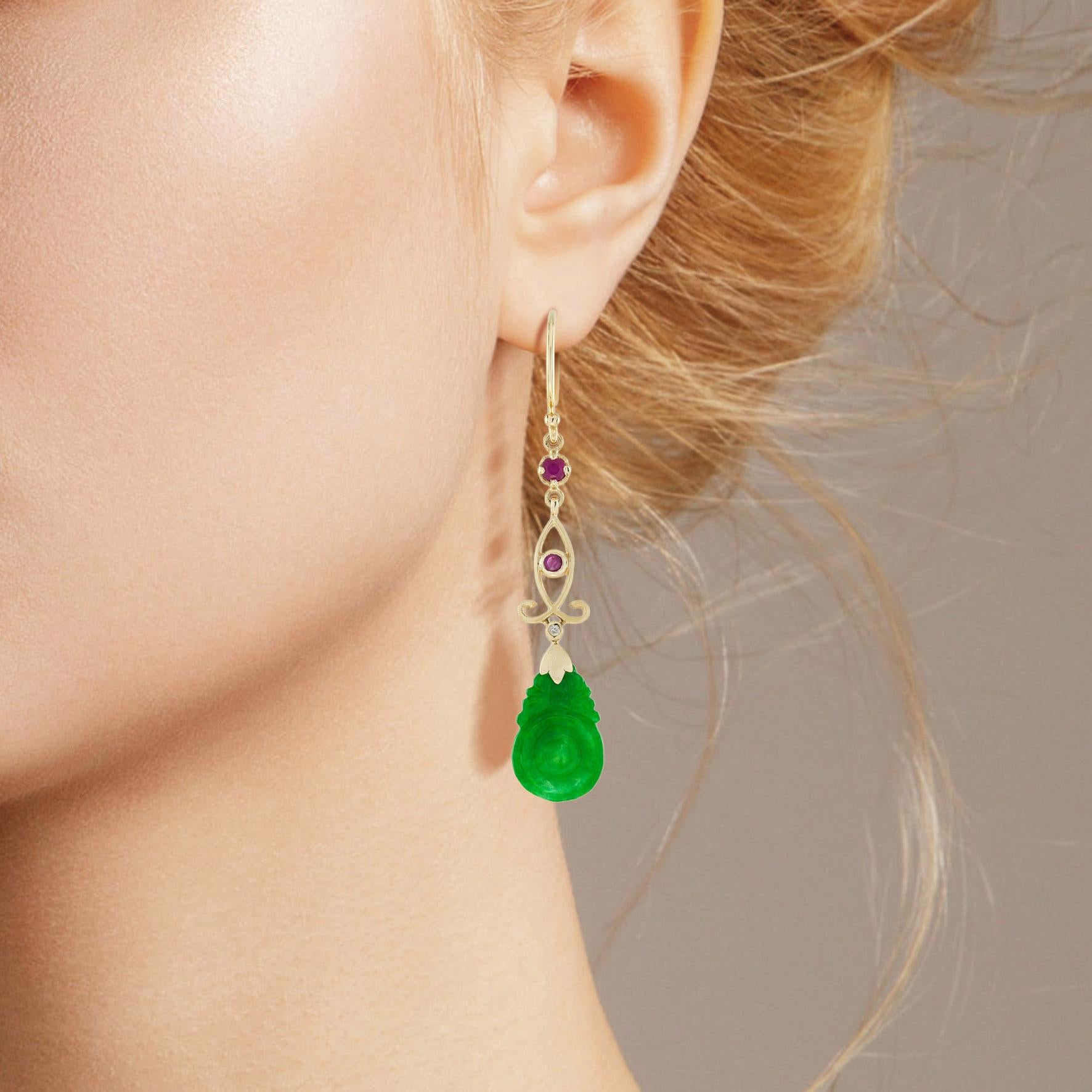 Women's Carved Jade Ruby Diamond Vintage Style Dangle 9K Gold Earrings For Sale