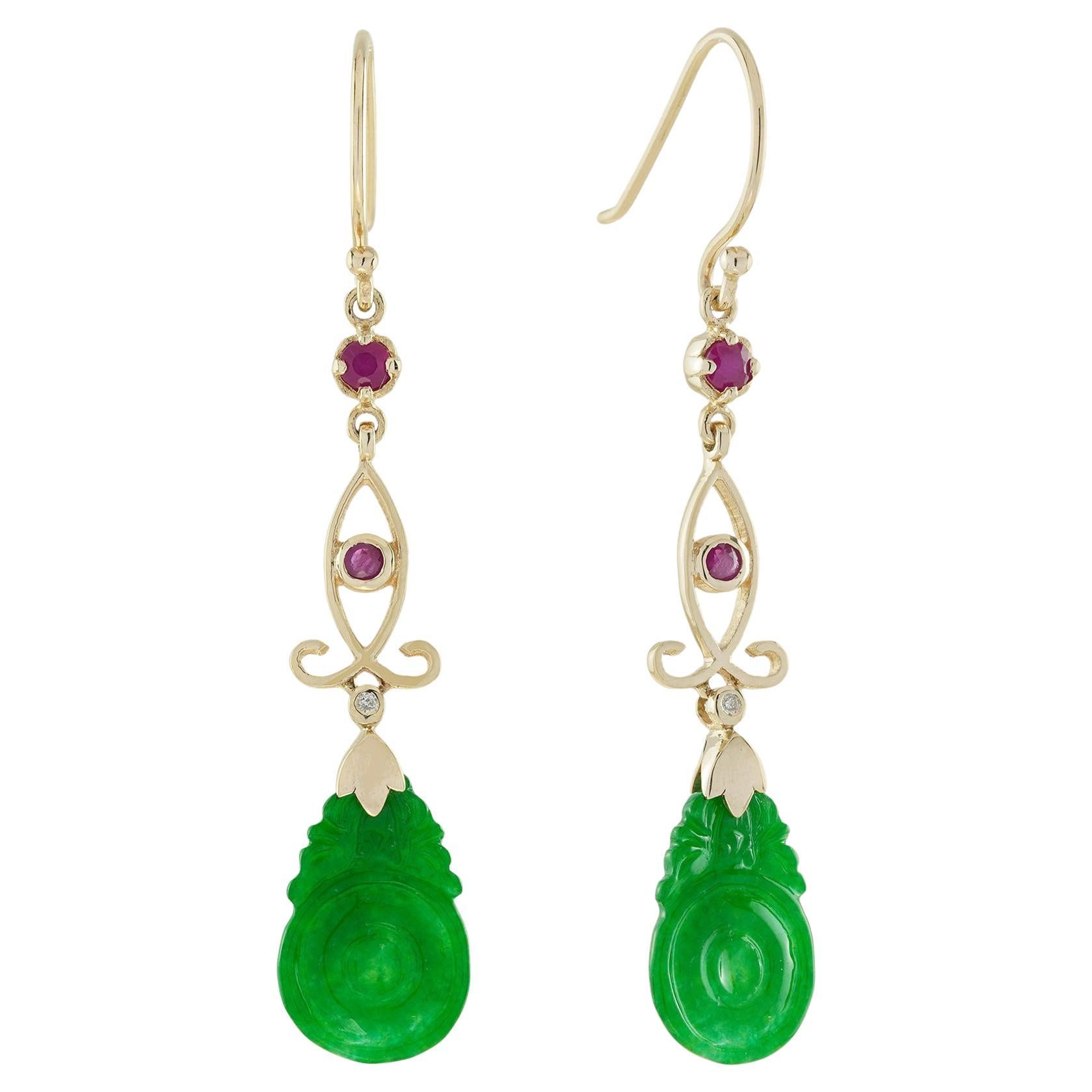 Carved Jade Ruby Diamond Vintage Style Dangle 9K Gold Earrings For Sale