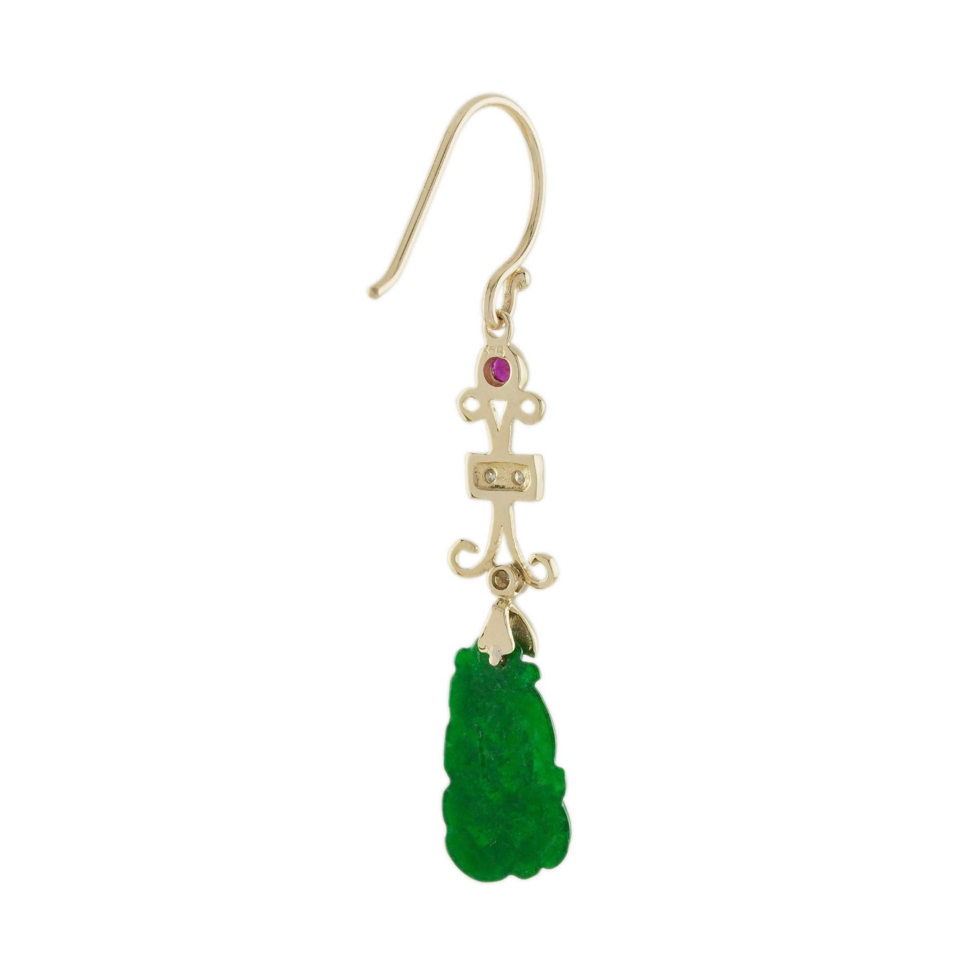 Round Cut Carved Jade Ruby Diamond Vintage Style Dangle 9K Yellow Gold Earrings For Sale