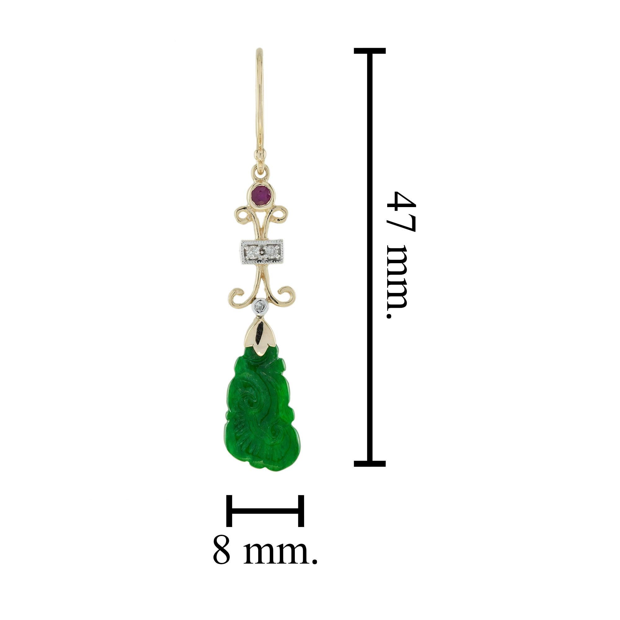 Carved Jade Ruby Diamond Vintage Style Dangle 9K Yellow Gold Earrings In Good Condition For Sale In Oakton, VA