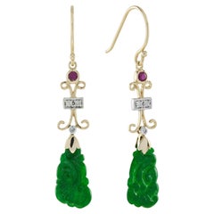 Carved Jade Ruby Diamond Vintage Style Dangle 9K Yellow Gold Earrings