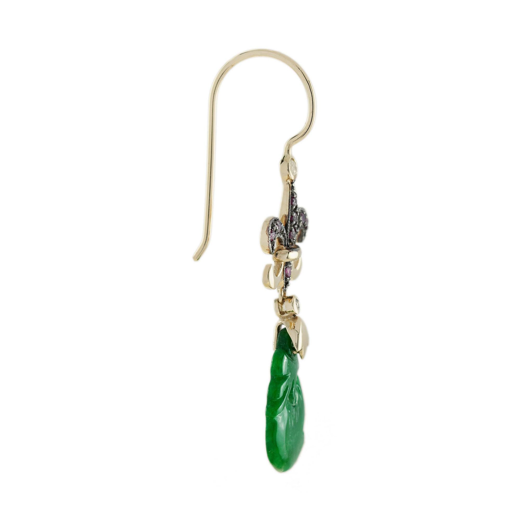 Art Deco Carved Jade Ruby Diamond Vintage Style Dangle Earrings in 9K Yellow Gold For Sale