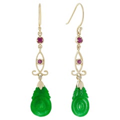 Carved Jade Ruby Diamond Vintage Style Dangle Earrings in 9K Yellow Gold