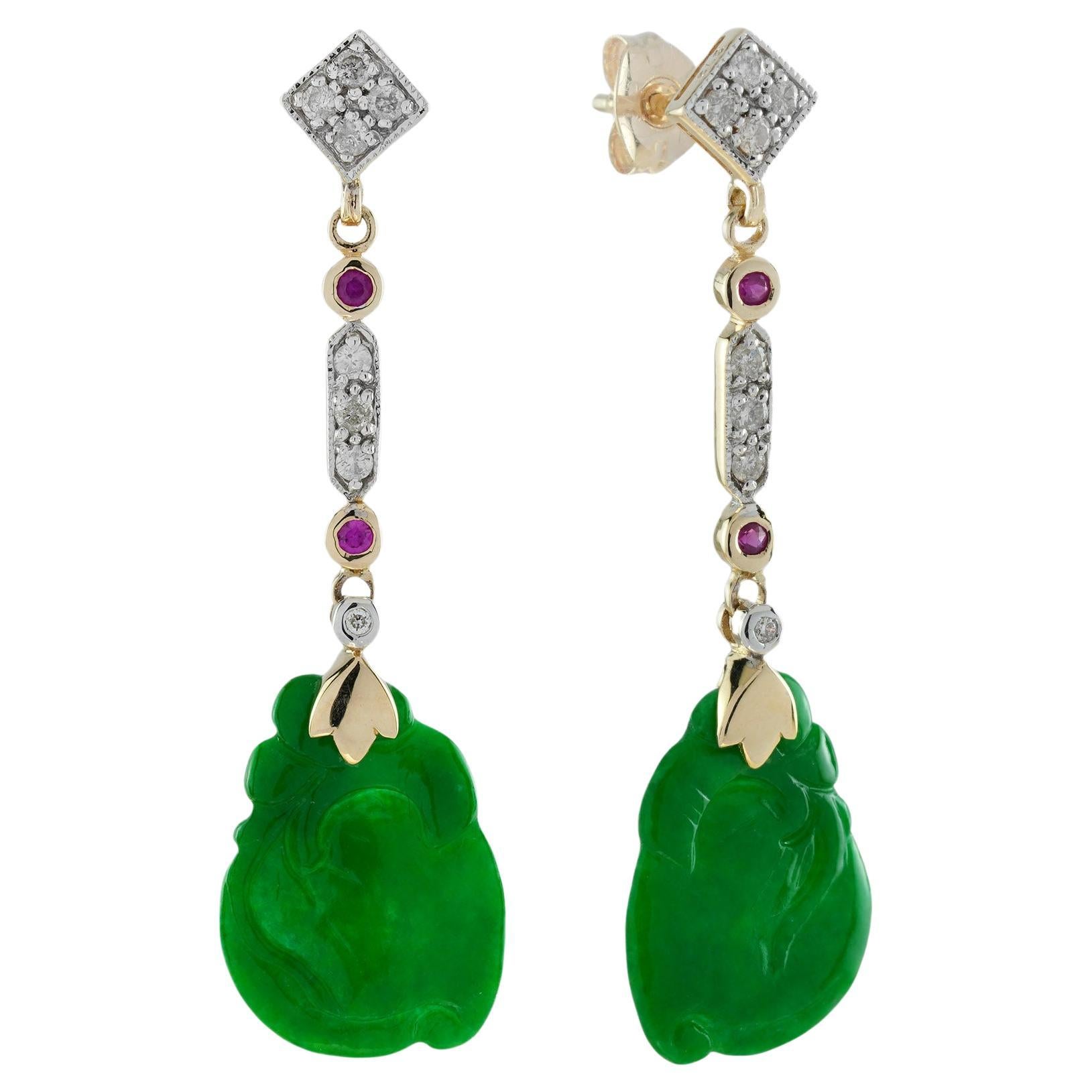 Carved Jade Ruby Diamond Vintage Style Dangle Earrings in 9K Yellow Gold For Sale