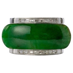 Jade Saddle Ring with Gold & Diamond Frame GIA Certified Untreated