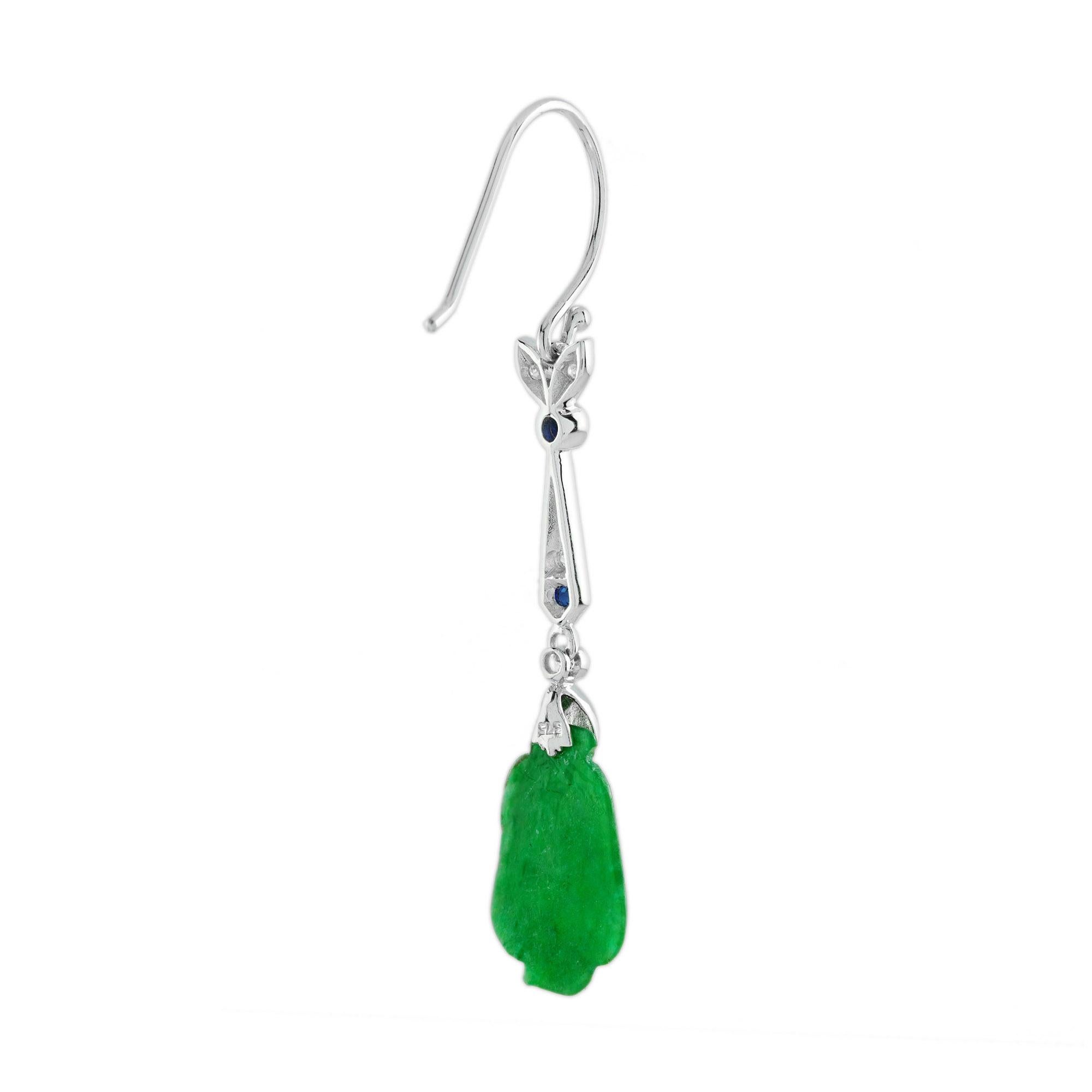 Mixed Cut Carved Jade Sapphire Diamond Dangle Earrings in 9K White Gold For Sale