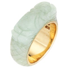 Carved Jade Scarab Beetle Ring Vintage 14 Karat Yellow Gold Estate Hong Kong