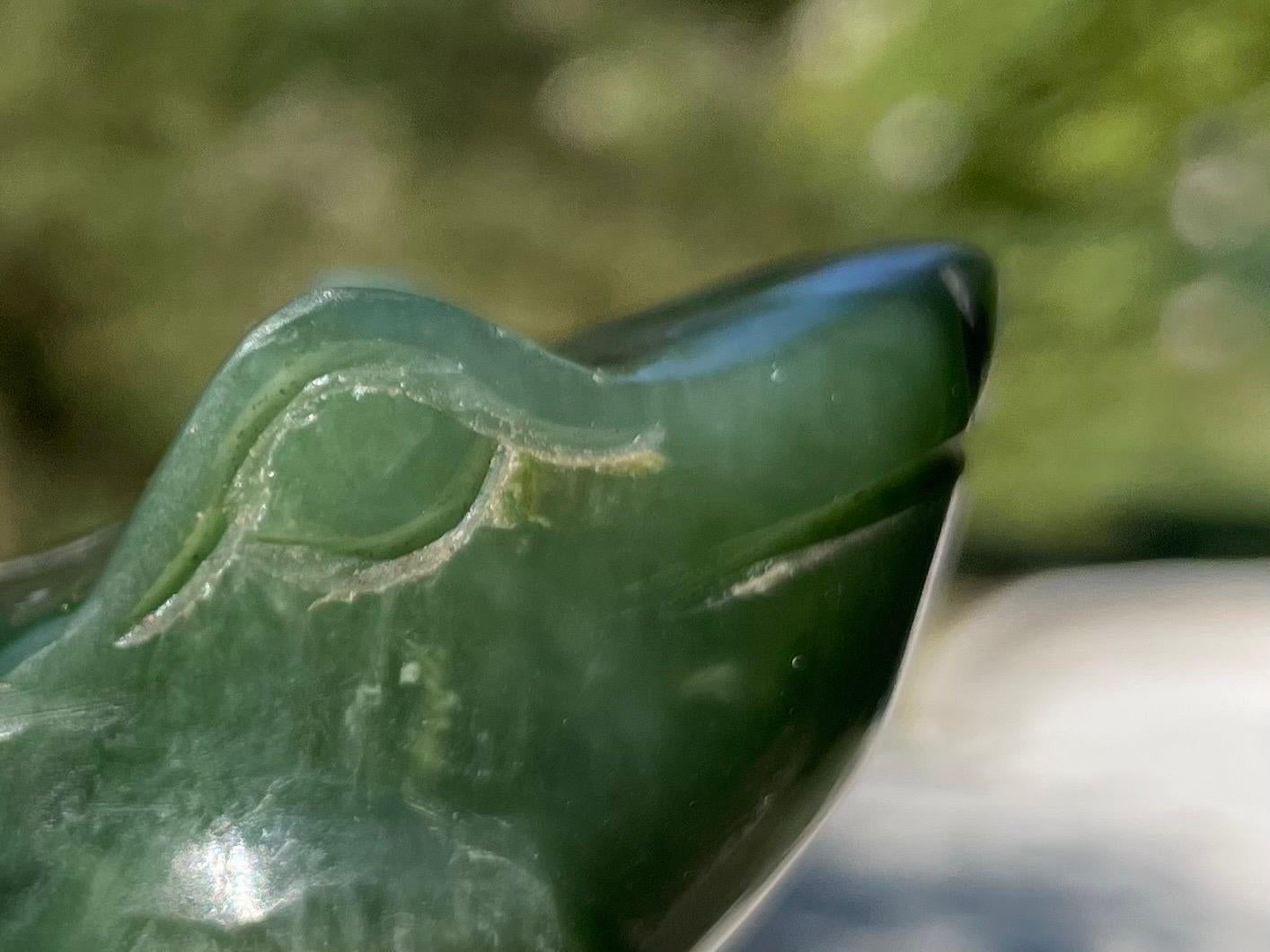Chinoiserie Carved Jade Sculpture of a Frog, in Spinach Color, China 20th Century