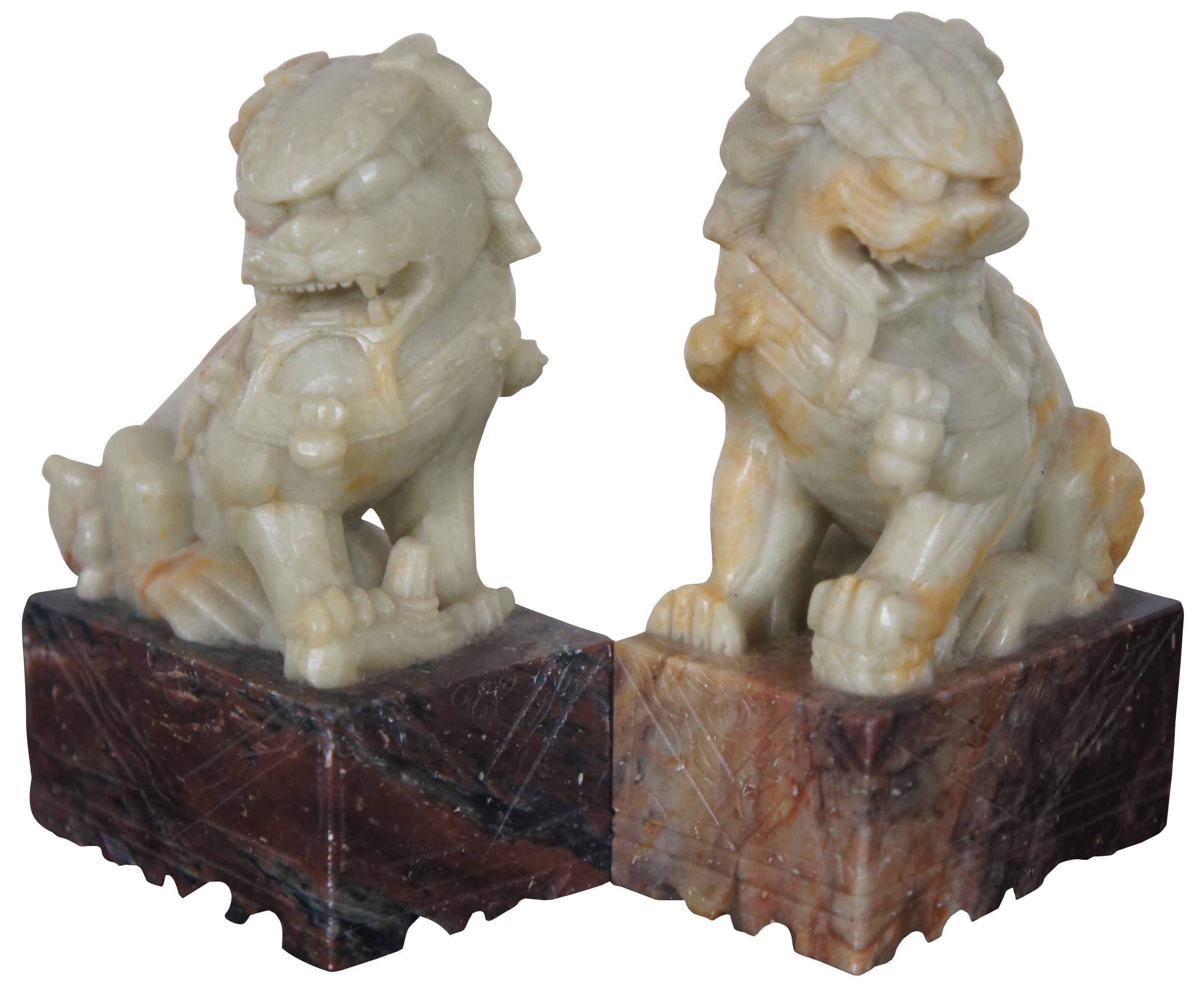 Vintage carved stone Chinese fu dog bookend or figurine pair. Measure: 4
