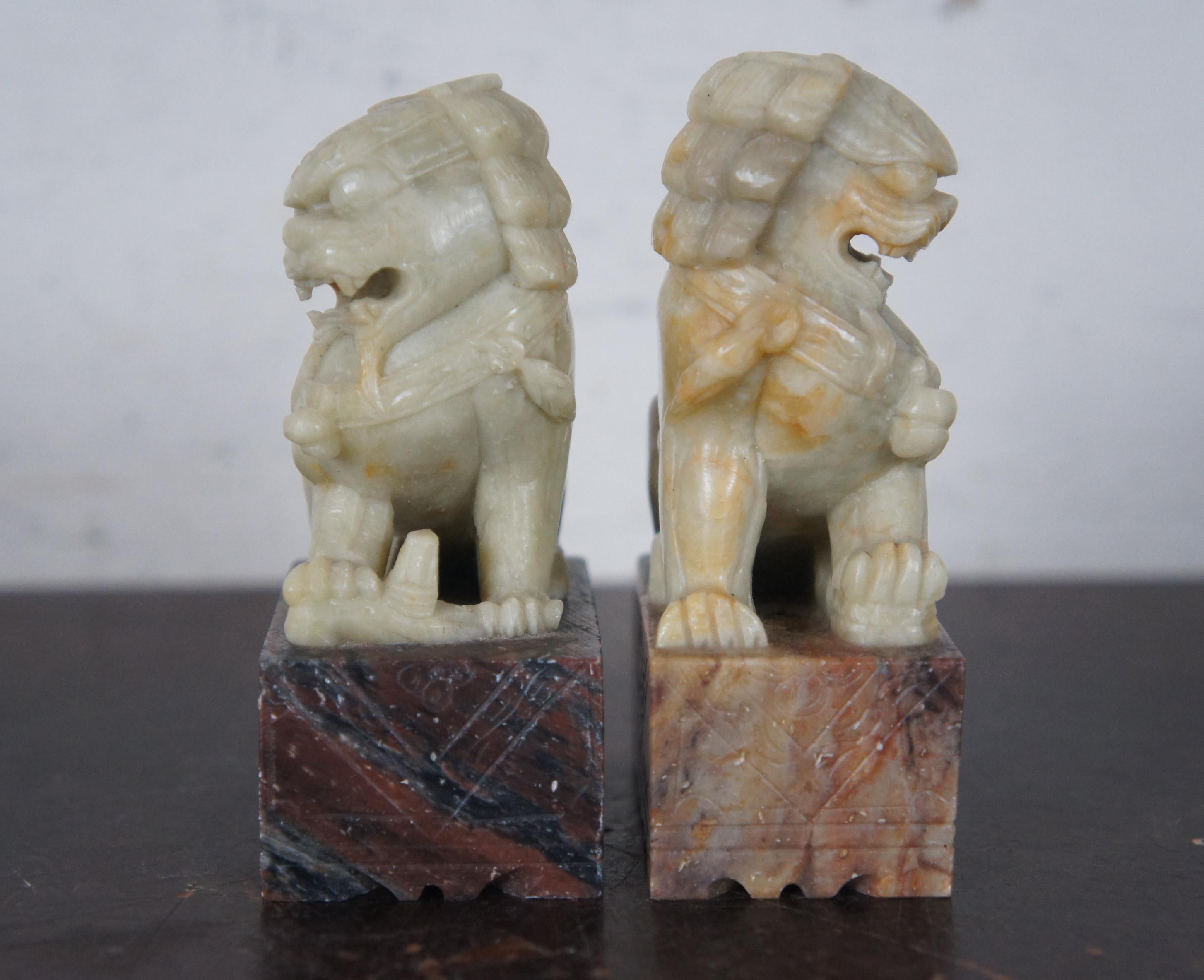 Chinoiserie Carved Jade Stone Fu Foo Dog Guardian Lion Pair Bookends Paperweights