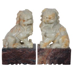 Carved Jade Stone Fu Foo Dog Guardian Lion Pair Bookends Paperweights