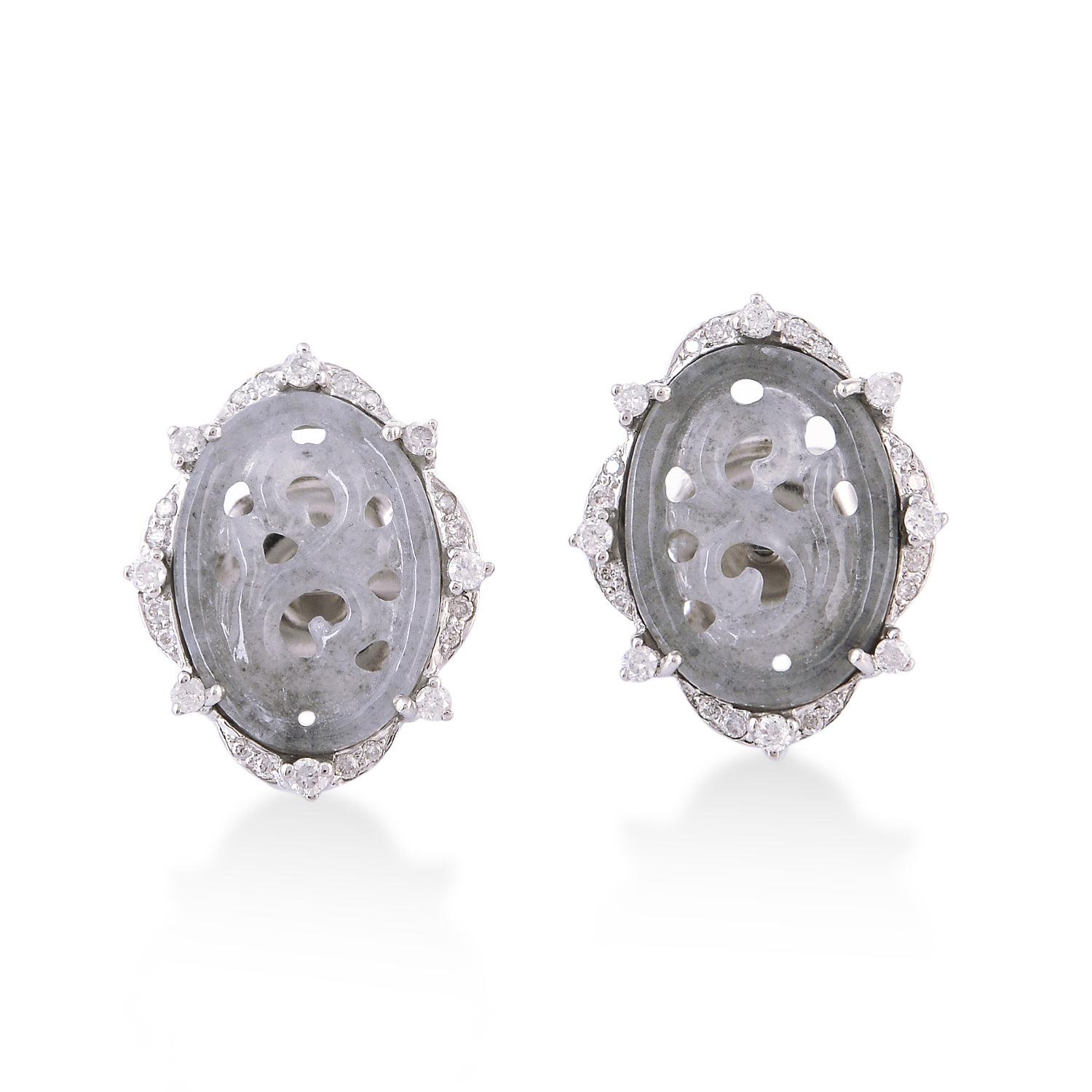 Mixed Cut Oval Shaped Carved Jade Stud Earrings with Diamonds Made in 18k White Gold For Sale