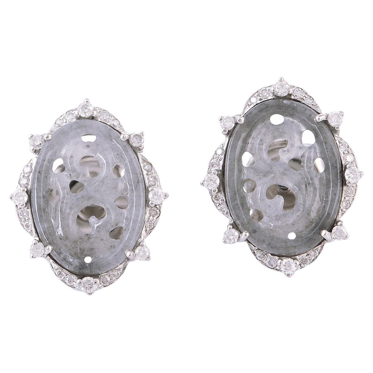 Oval Shaped Carved Jade Stud Earrings with Diamonds Made in 18k White Gold For Sale