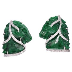 Carved Jade Stud Earrings in Horse Face Shape with Diamonds Made in 18k Gold