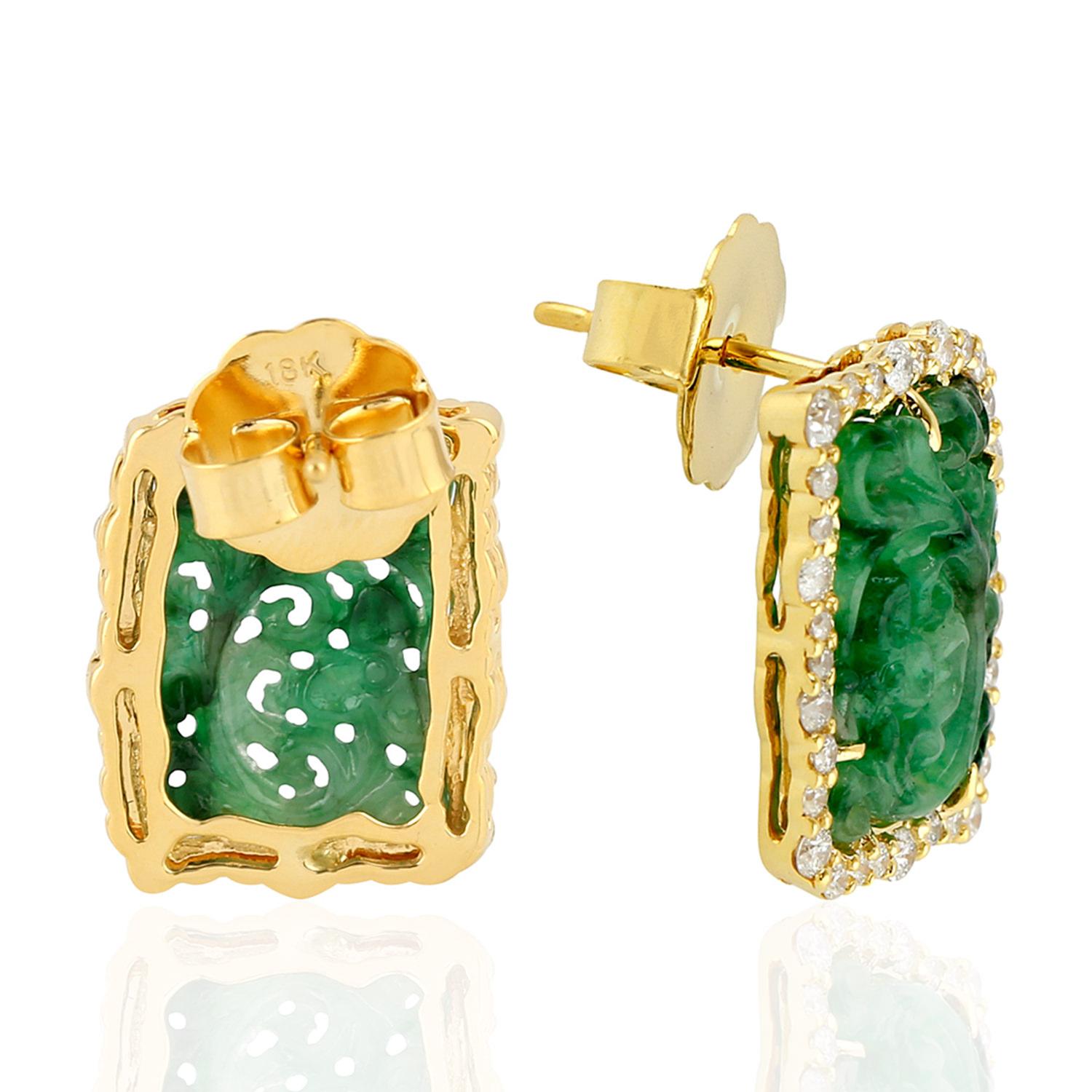 Contemporary Carved Jade Stud Earrings With Diamonds All Around Made In 18k Yellow Gold For Sale