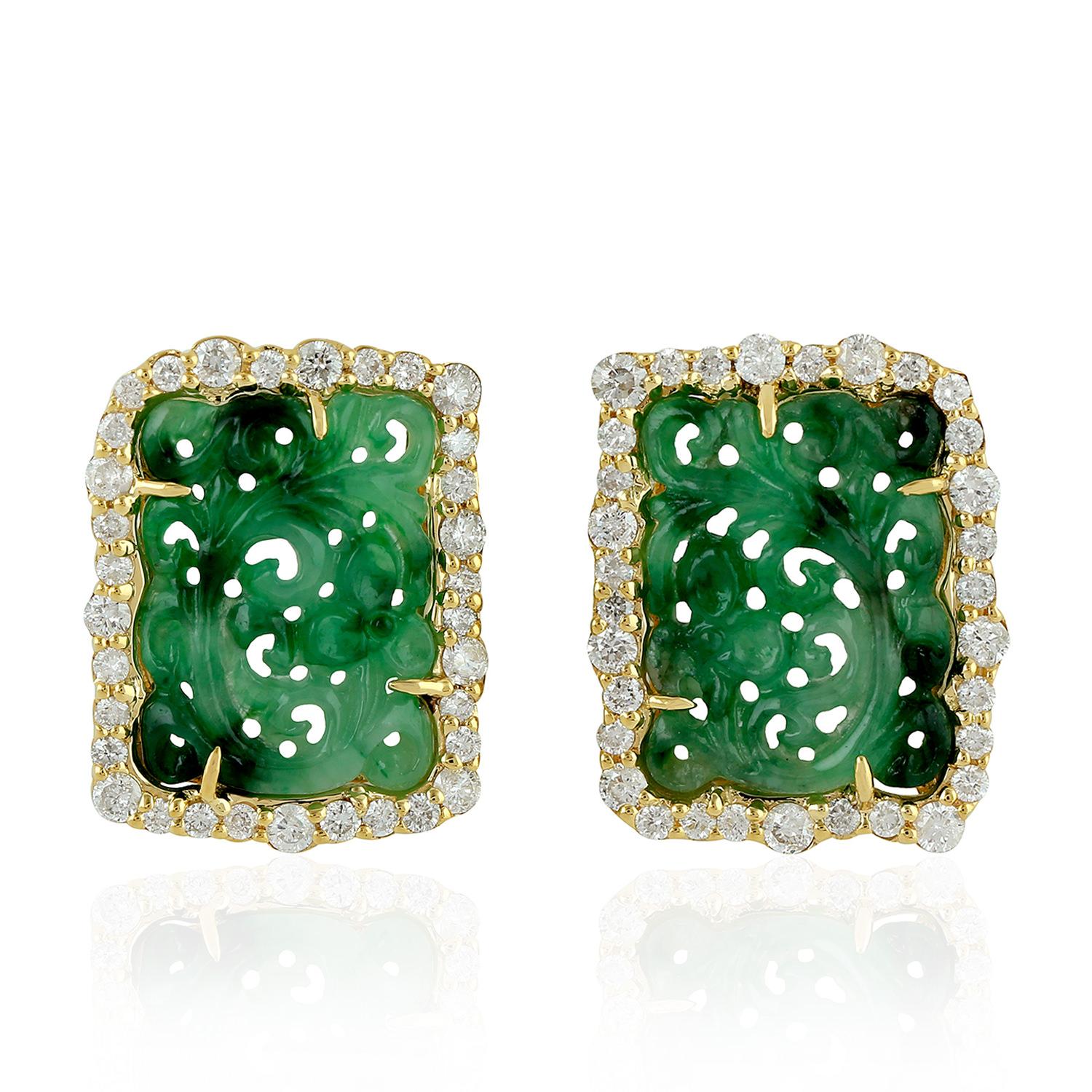 Mixed Cut Carved Jade Stud Earrings With Diamonds All Around Made In 18k Yellow Gold For Sale