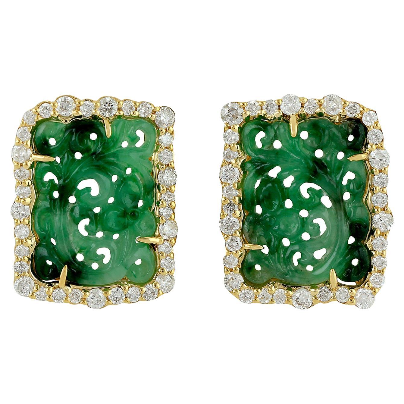 Carved Jade Stud Earrings With Diamonds All Around Made In 18k Yellow Gold