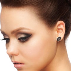 Carved Black Jade Stud Earrings with Pave Diamonds Made in 18k Gold