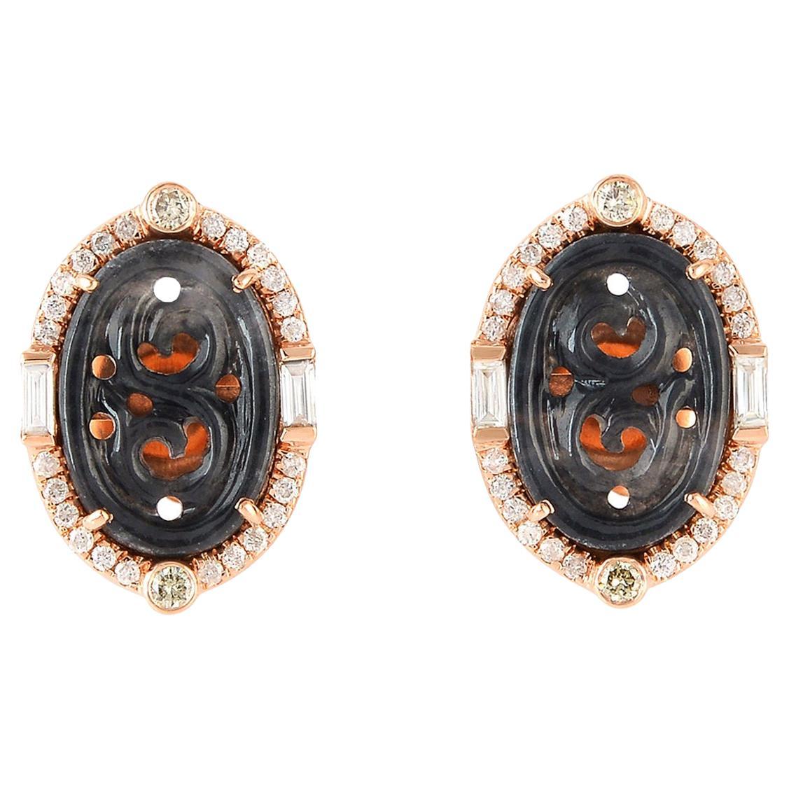 Carved Black Jade Stud Earrings with Pave Diamonds Made in 18k Gold For Sale