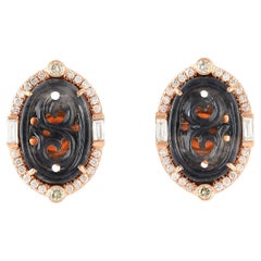 Carved Black Jade Stud Earrings with Pave Diamonds Made in 18k Gold