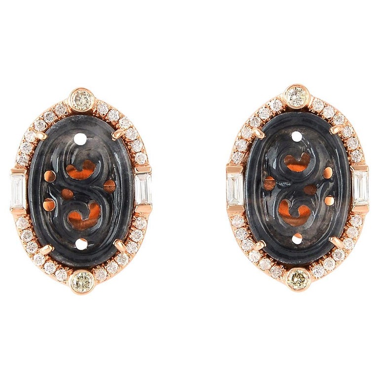 Carved Black Jade Stud Earrings with Pave Diamonds Made in 18k Gold For Sale at 1stDibs