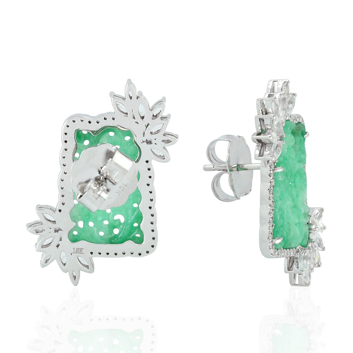 Contemporary Carved Jade Stud Earrings With White Sapphire & Diamonds Made In 18k White Gold For Sale