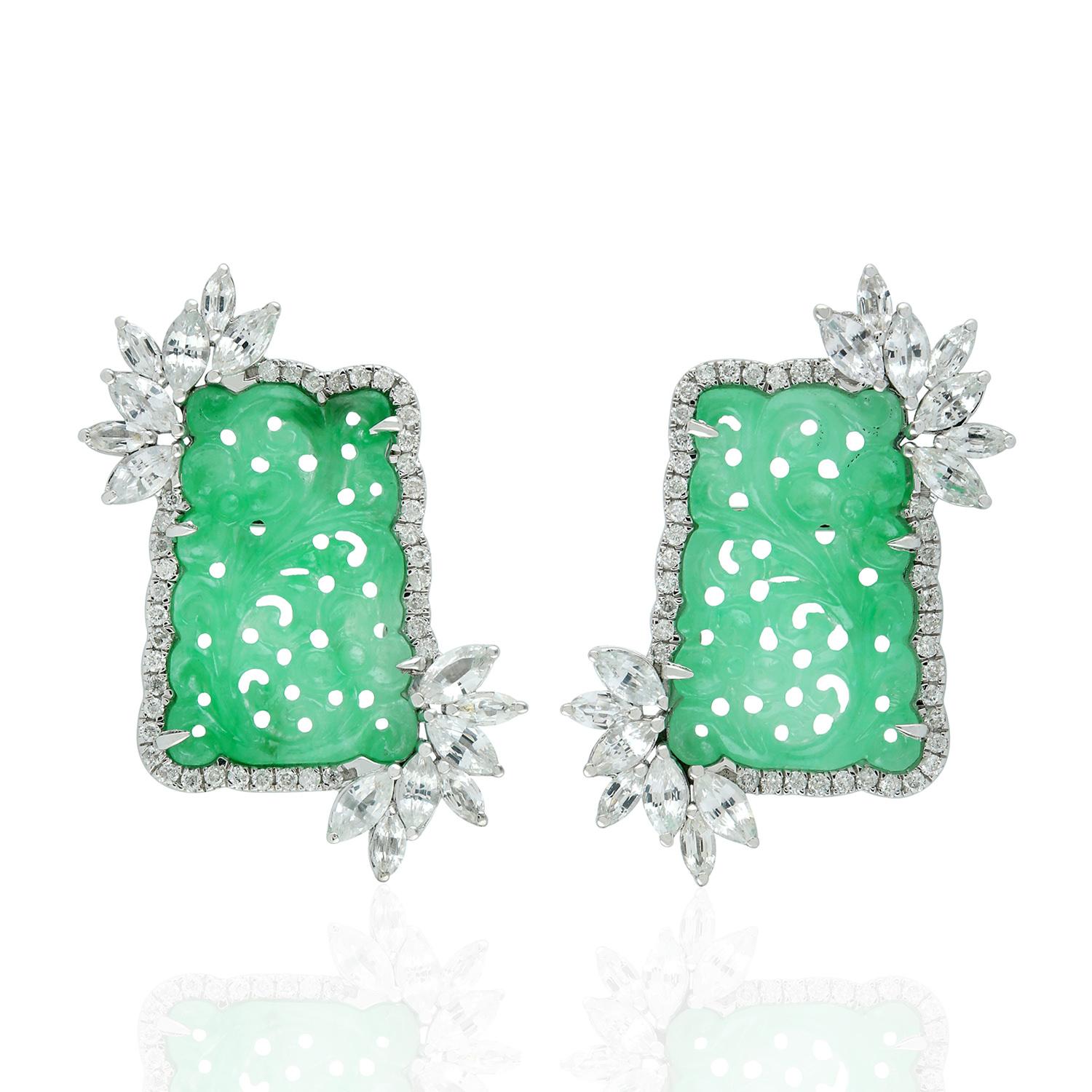 Mixed Cut Carved Jade Stud Earrings With White Sapphire & Diamonds Made In 18k White Gold For Sale