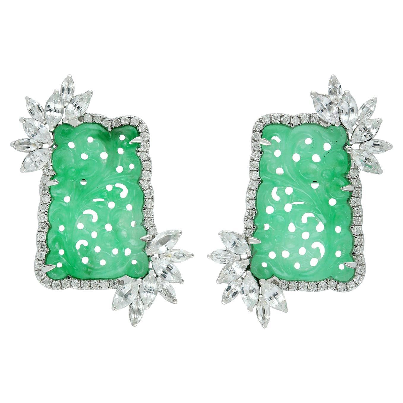 Carved Jade Stud Earrings With White Sapphire & Diamonds Made In 18k White Gold For Sale