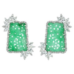 Carved Jade Stud Earrings With White Sapphire & Diamonds Made In 18k White Gold