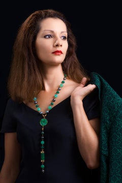 Jadeite Circle, Tahitian Pearl, and Chrysoprase 18 Karat Gold Statement Necklace