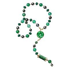 Jadeite Circle, Tahitian Pearl, and Chrysoprase 18 Karat Gold Statement Necklace