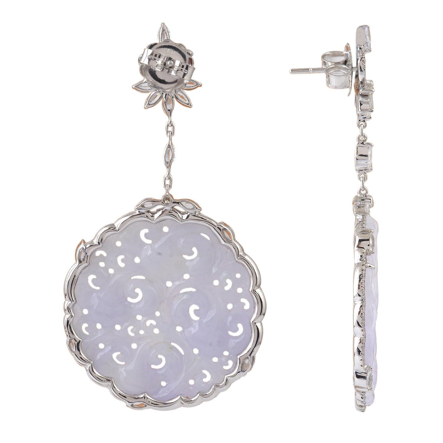 Artisan Carved Jade & White Sapphire Dangle Earring With Diamonds Made In 18k White Gold For Sale