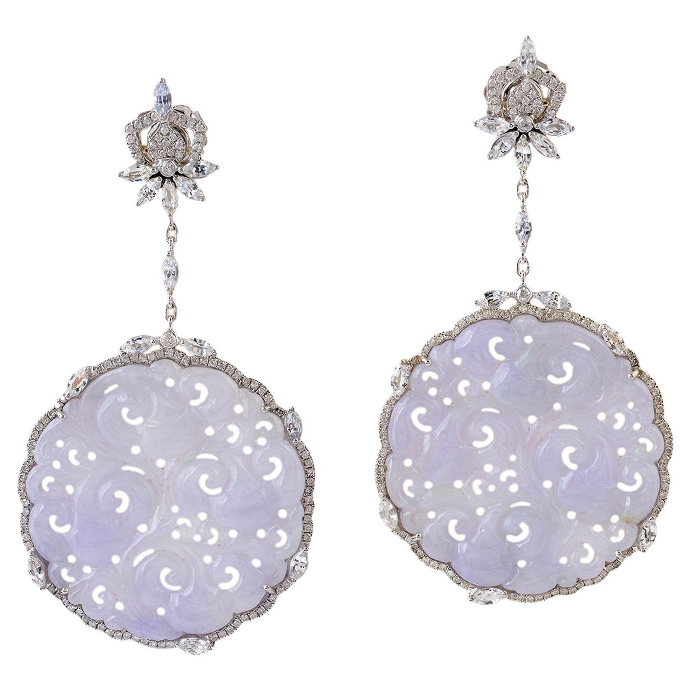 Carved Jade & White Sapphire Dangle Earring With Diamonds Made In 18k White Gold For Sale