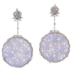 Carved Jade & White Sapphire Dangle Earring With Diamonds Made In 18k White Gold