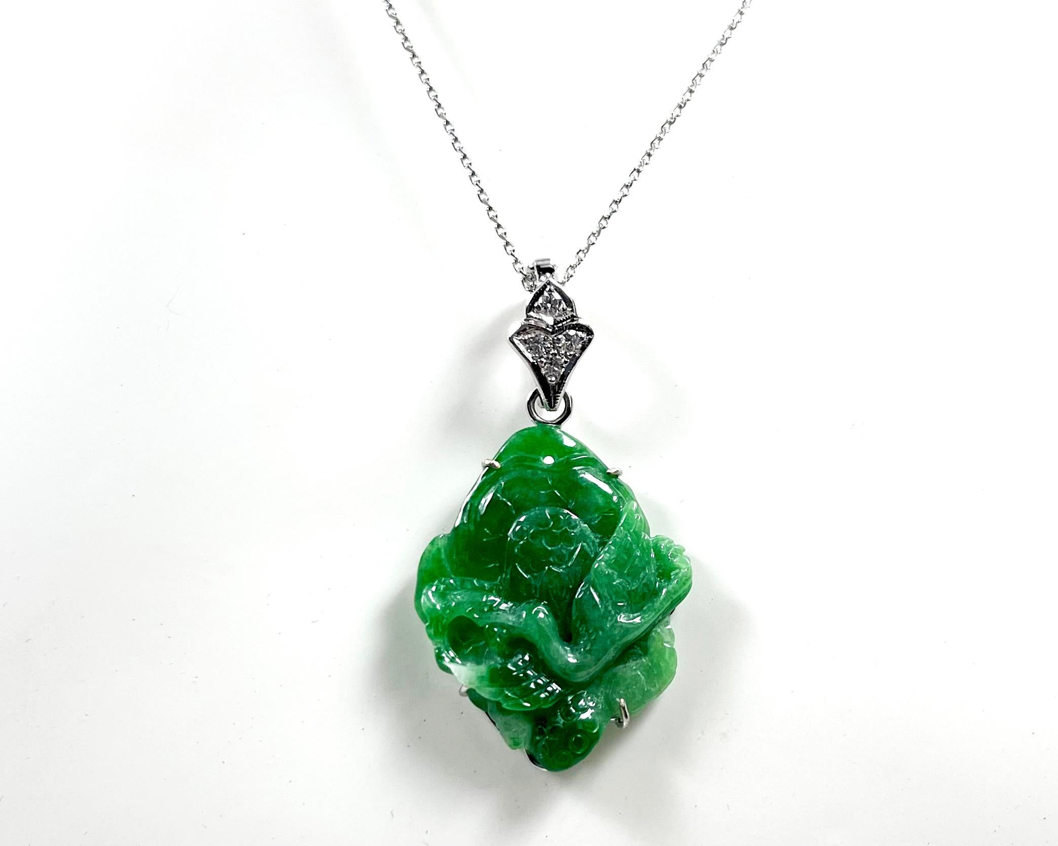 Carved Jade with Diamond 0.10 carat Pendant set in 18K White Gold Settings For Sale 5