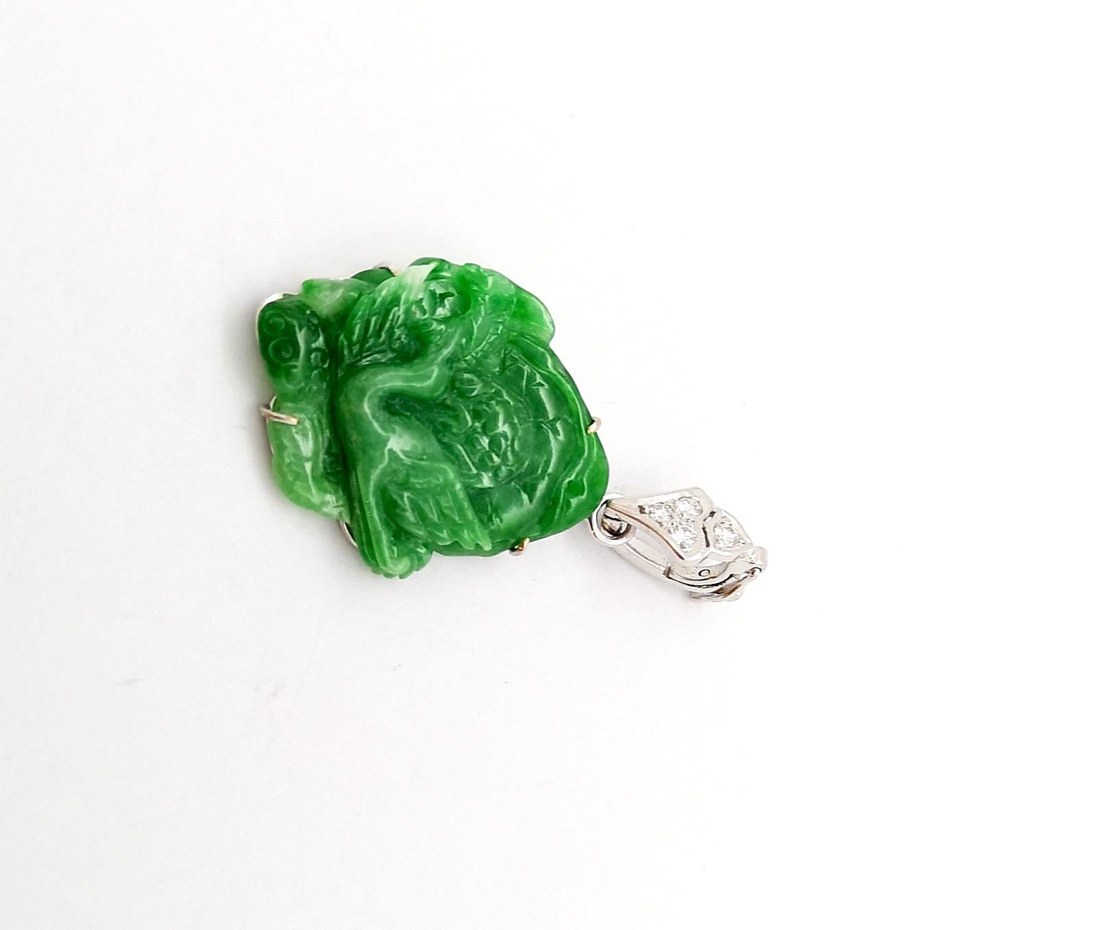 Carved Jade with Diamond 0.10 carat Pendant set in 18K White Gold Settings For Sale 3