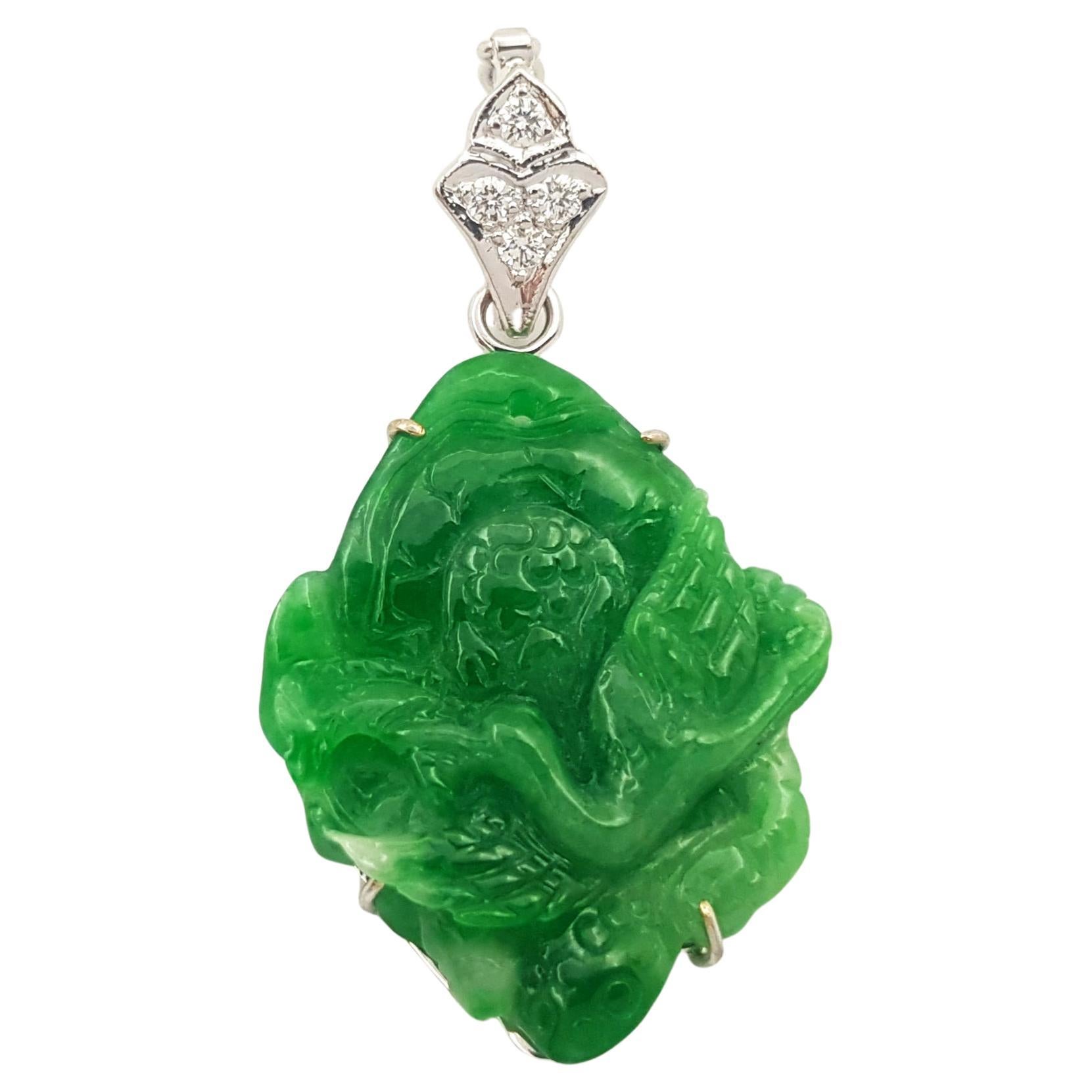 Carved Jade with Diamond 0.10 carat Pendant set in 18K White Gold Settings For Sale