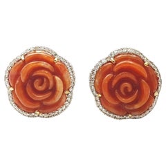 Carved Jade with Diamond Flower Earrings set in 18K Gold Settings