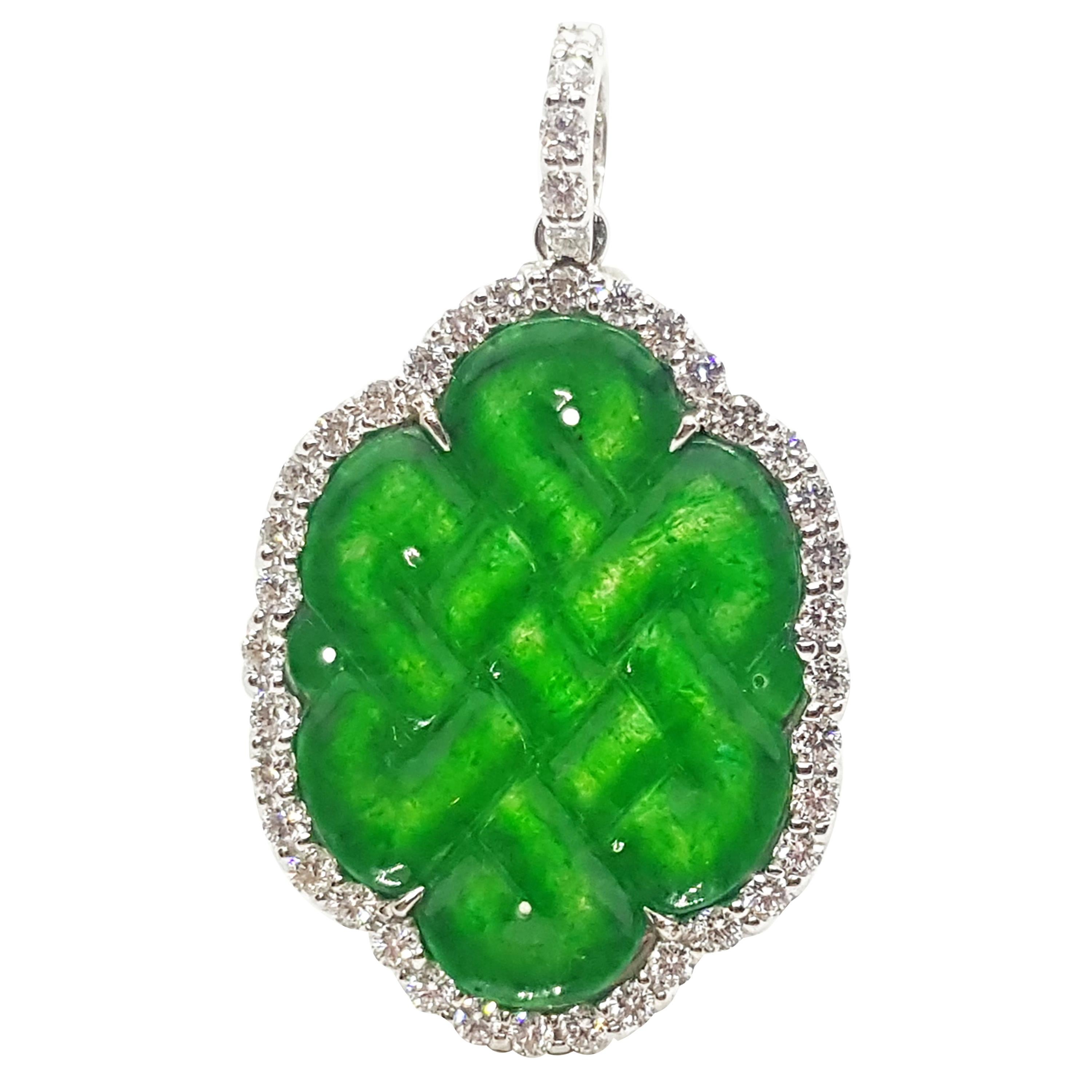 Carved Jade with Diamond Love Knot Pendant Set in 18K White Gold Settings