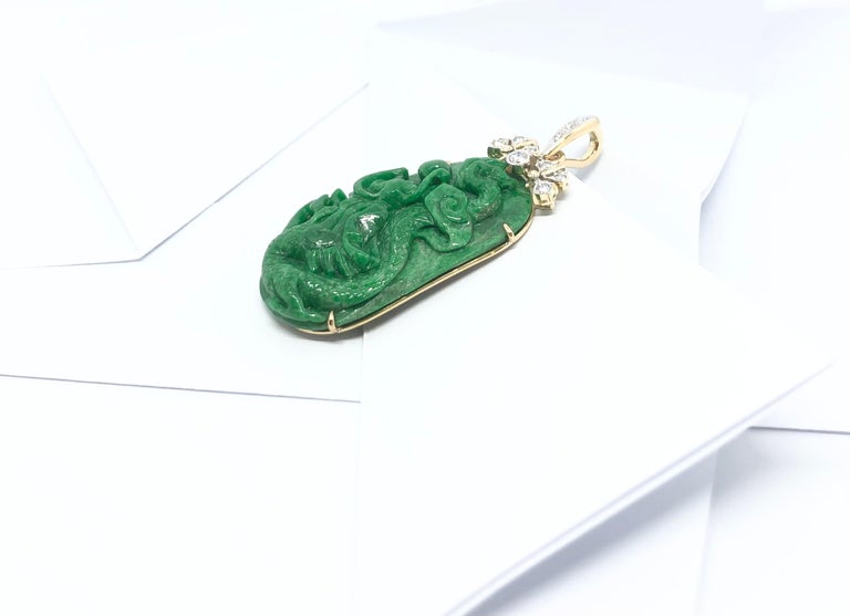 Women's or Men's Carved Jade with Diamond Pendant Set in 18 Karat Gold Settings For Sale