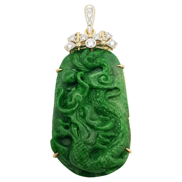 Carved Jade with Diamond Pendant Set in 18 Karat Gold Settings For Sale